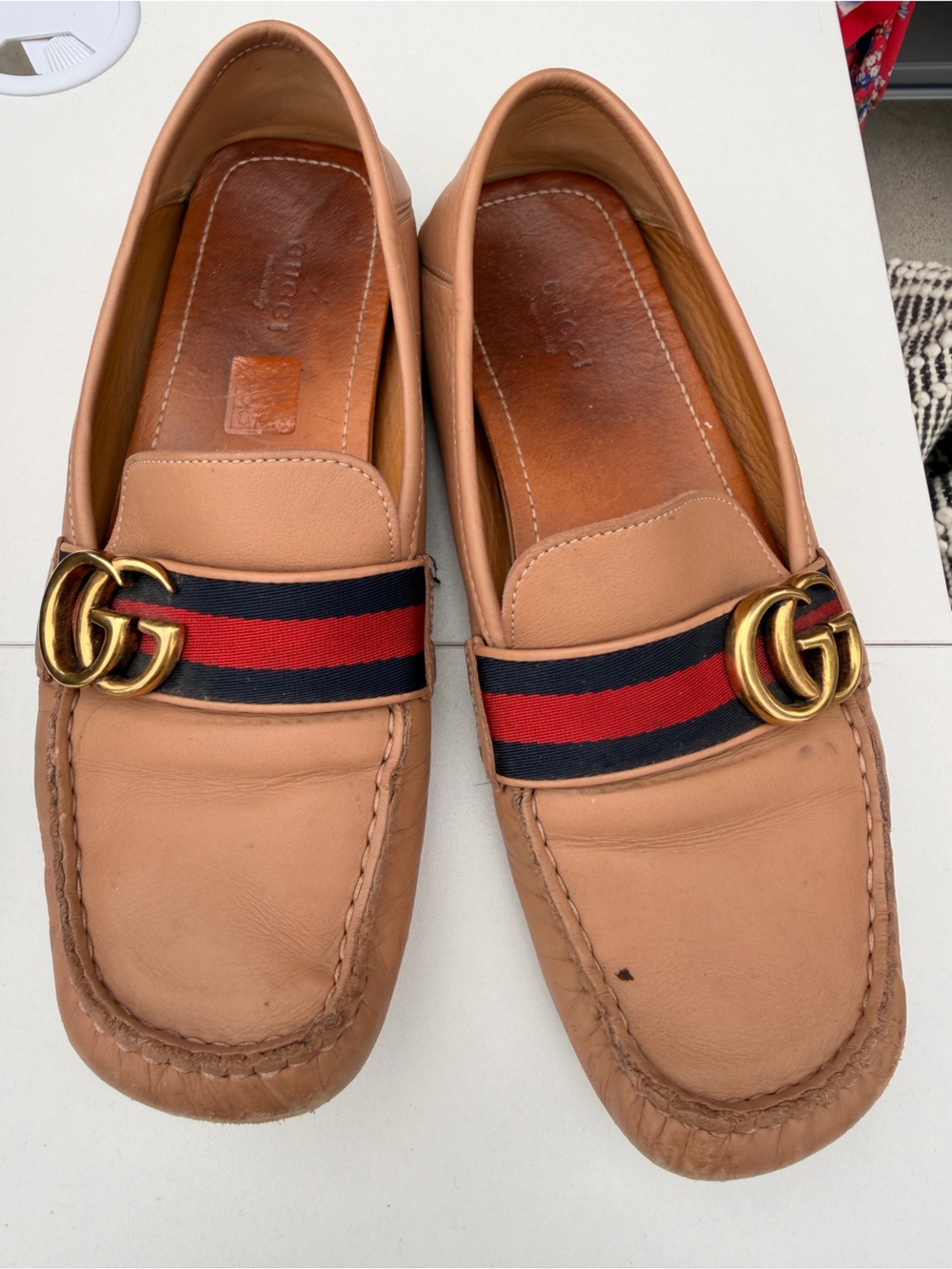 Gucci Beige Leather Web Stripe Loafers with Gold Double G